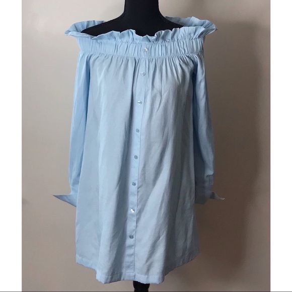 MinkPink Off Shoulder Blue Long Sleeve Mini Dress - Picture 7 of 14